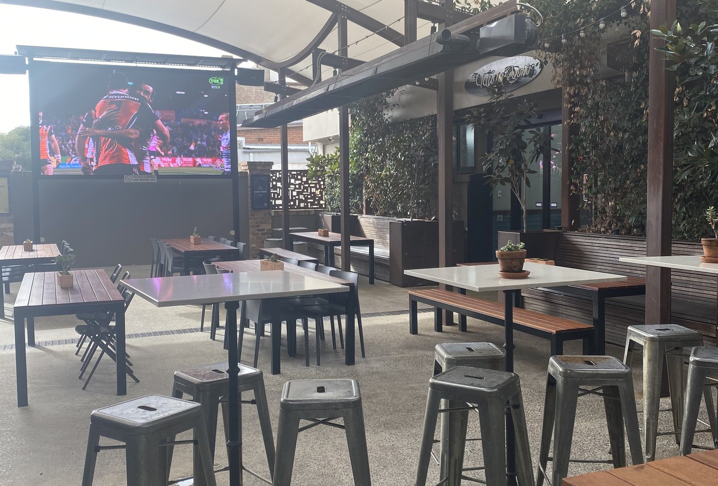 Beer garden with the big screen